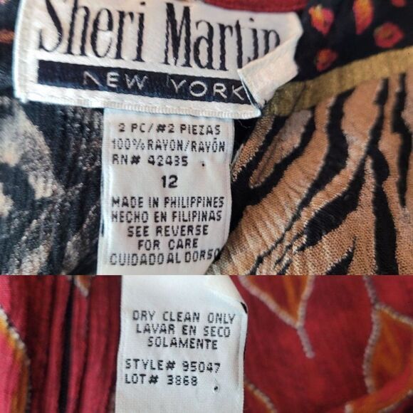 Vintage 80s Sherri Martin Crinkle Rayon Pencil Maxi Dress M Brown Red Animal - Picture 2 of 10